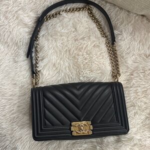 CHANEL Black Chevron Quilted LeBoy Bag with Gold Chain